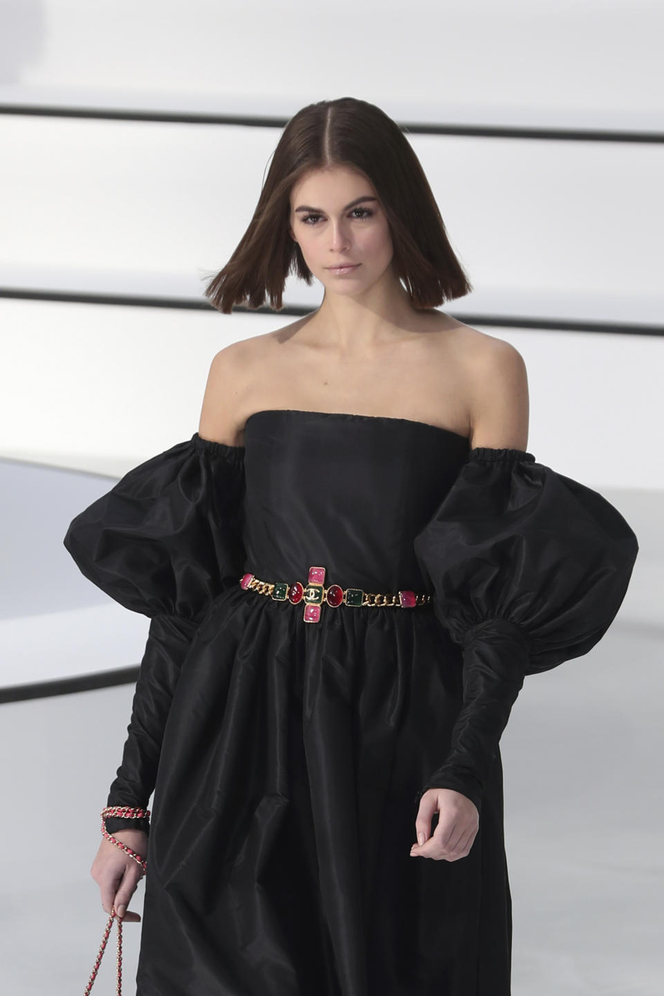 Model Kaia Gerber wears a creation for the Chanel fashion collection during Women's fashion week Fall/Winter 2020/21 presented in Paris, Tuesday, March 3, 2020. (AP Photo/Thibault Camus)