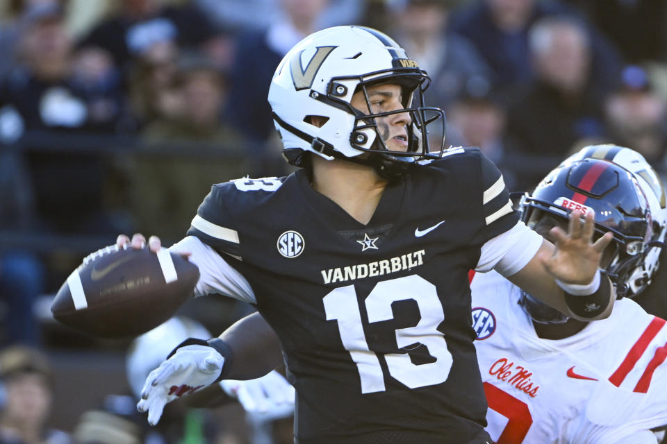 FILE - Vanderbilt quarterback AJ Swann (13) is shown during an NCAA college football game against Mississippi Saturday, Oct. 8, 2022, in Nashville, Tenn. Vanderbilt opens their season at home against Hawaii on Aug. 26. (AP Photo/John Amis, File)