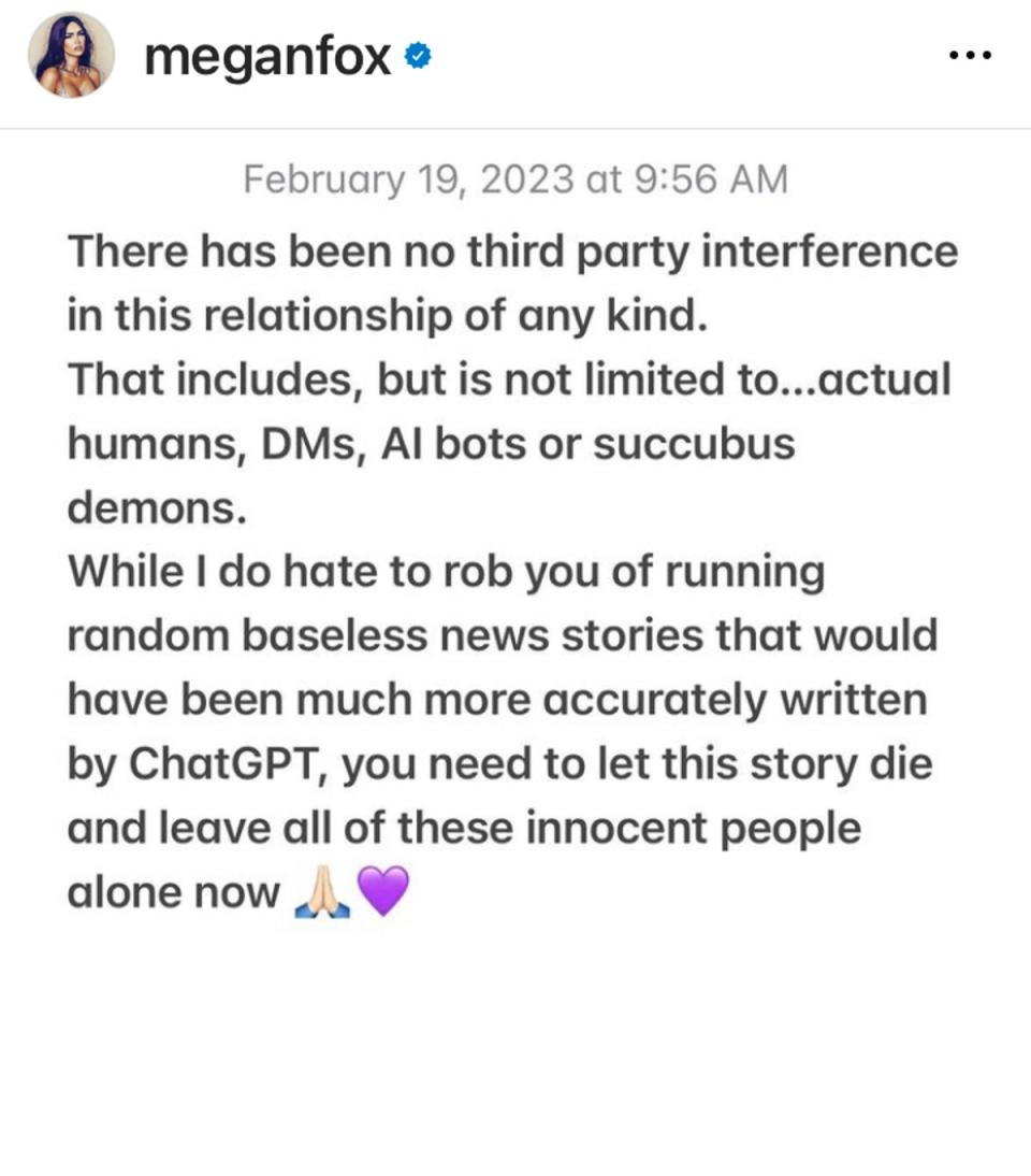 Fox has posted on In stagram that no  one else was involved in her and  MGK’s possible split (Megan Fox Instagram)