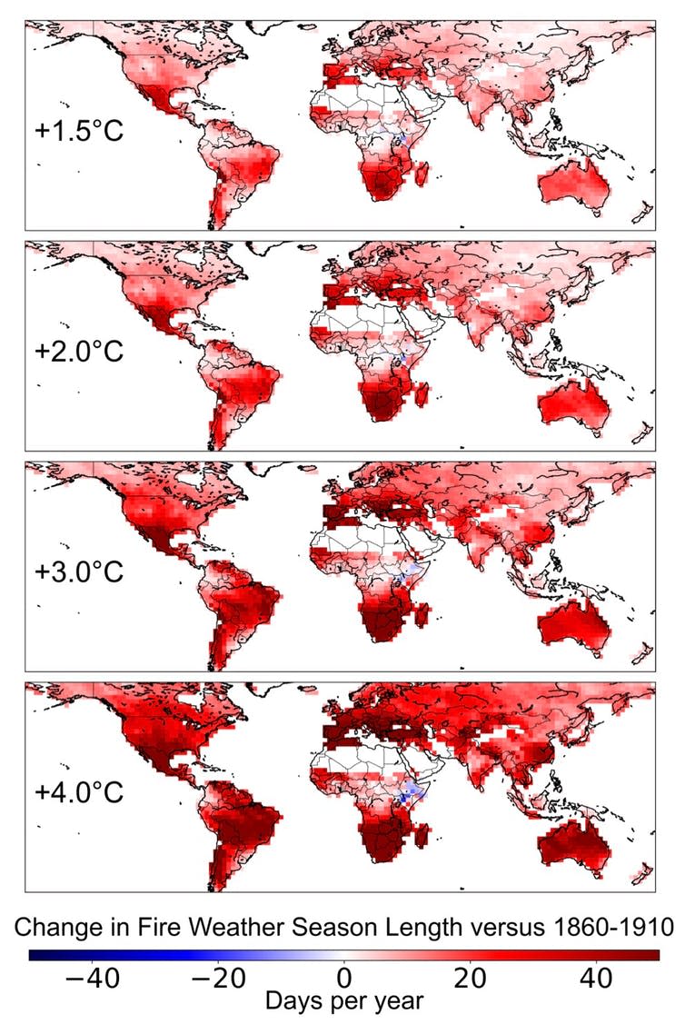 Four world maps depicting the expanding fire weather season under increments of global warming.