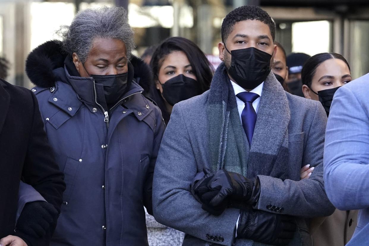 Actor Jussie Smollett, right, departs with his mother Janet, from the Leighton Criminal Courthouse on Wednesday, in Chicago.