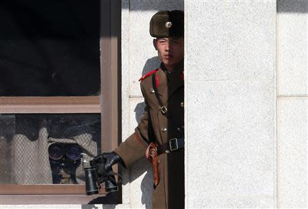 A North Korean soldier with a pair of the binoculars stands guard at the truce village of Panmunjom in the demilitarised zone separating the two Koreas, north of Seoul February 6, 2014. REUTERS/Han Jae-ho/News1