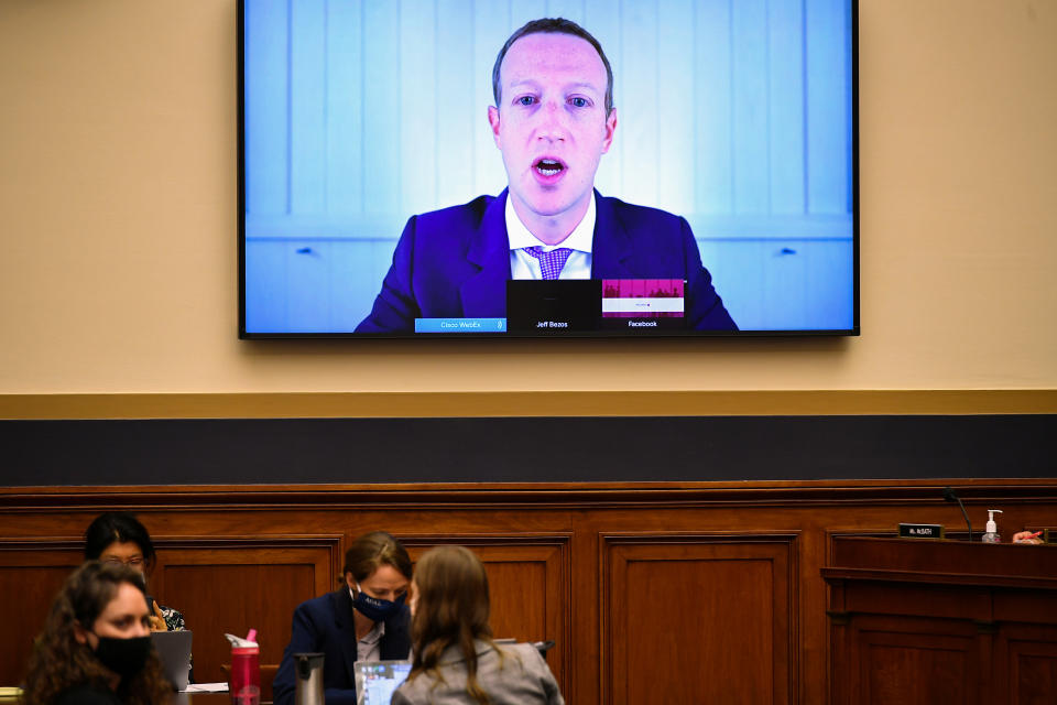 Facebook CEO Mark Zuckerberg testifies before the House Judiciary Subcommittee on Antitrust, Commercial and Administrative Law on ?Online Platforms and Market Power? in the Rayburn House office Building on Capitol Hill, in Washington, U.S., July 29, 2020. Mandel Ngan/Pool via REUTERS