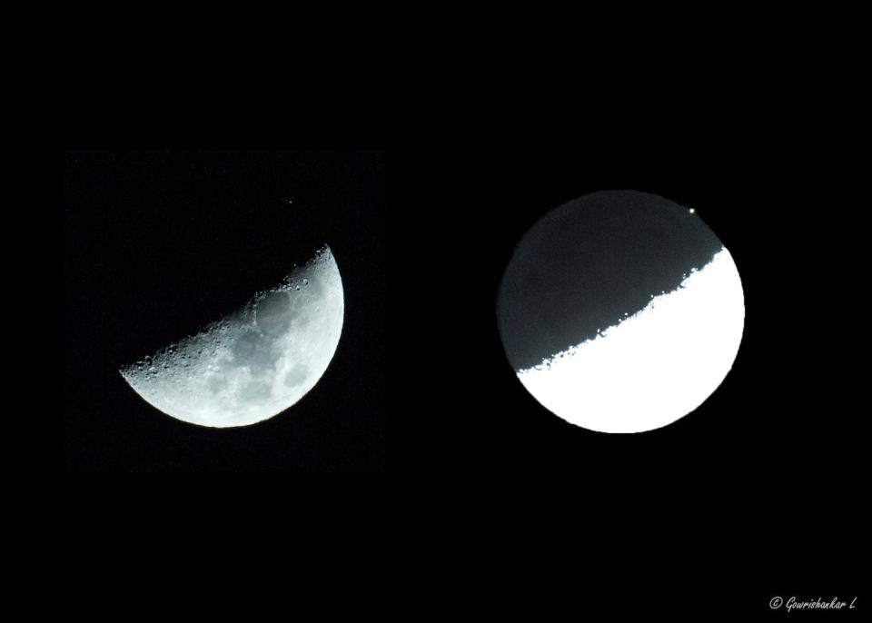 These side-by-side views show what an Aldebaran occultation by the moon is like. This image was taken by amateur astronomer Gowrishankar L., shows the moon occulting Aldebaran on March 4, 2017. The image at right has its brightness enhanced to make the star visible. <cite>Gowrishankar L.</cite>