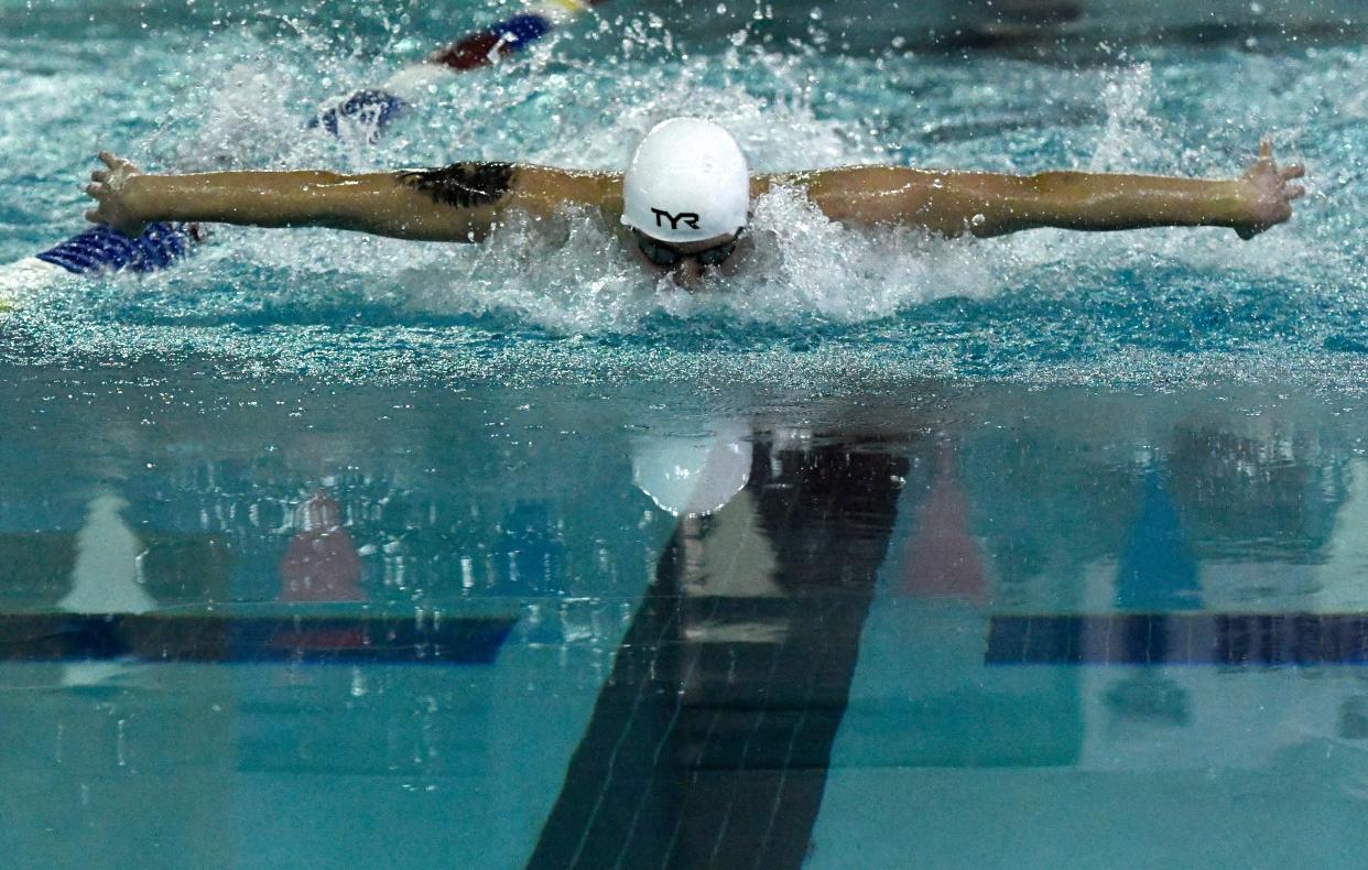 Amarillo High's Alexander Purdy competes in the 100 yard butterfly during the Region 1-5A swim meet, Saturday, Feb. 4, 2023, at Pete Ragus Aquatic Center. Purdy finished with 51.55.