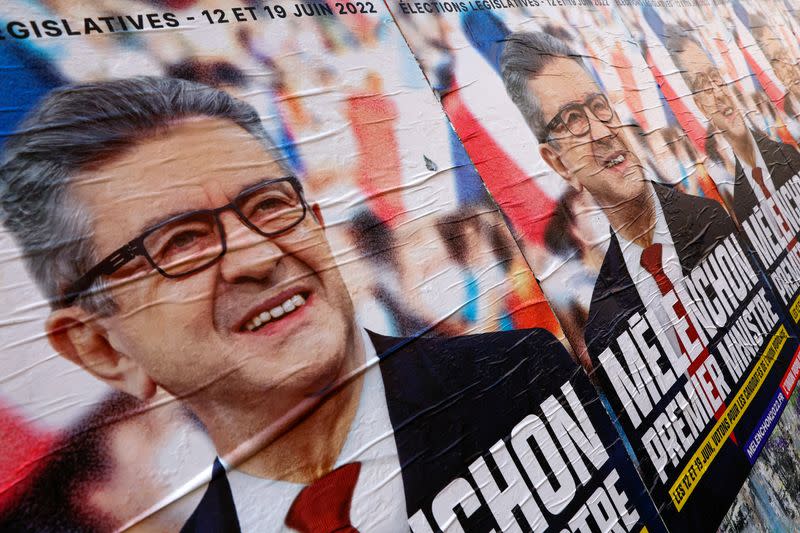 FILE PHOTO: Jean-Luc Melenchon, leader of the far-left opposition party La France Insoumise posters in Paris