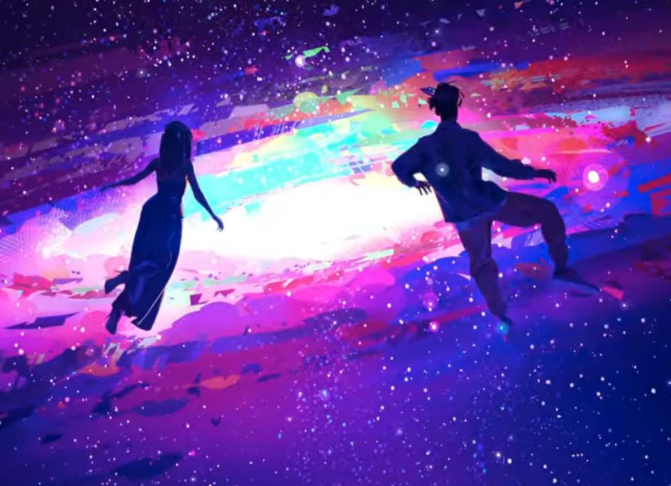 Meadow and Jabari float in a colorful celestial setting in "Entergalactic"