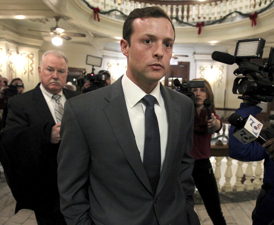 Former Baylor University fraternity president Jacob Anderson walks out of the courtroom Monday Dec. 10, 2018. Mr. Anderson, accused of rape, will serve no jail time after a Waco district judge accepted a plea bargain for deferred probation. (Jerry Larson/Waco Tribune Herald via AP)