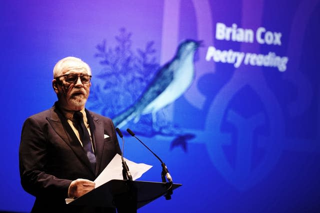 Brian Cox reads a poem during the United With Ukraine show, an event for the Ukrainian refugee community in London, to mark two years since the Russian invasion, at the Palace Theatre in London