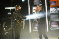 Chris Young, left, and Kane Brown perform at the 56th annual Academy of Country Music Awards on Friday April 16, 2021 at the Ryman Auditorium in Nashville, Tenn. The awards show airs on April 18 with both live and prerecorded segments. (Photo by Amy Harris/Invision/AP)