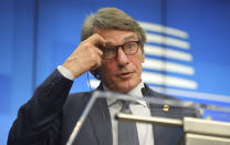 European Parliament President David Sassoli speaks during a media conference at an EU summit in Brussels, Thursday, Feb. 20, 2020. After almost two years of sparring, the EU will be discussing the bloc's budget to work out Europe's spending plans for the next seven years. (AP Photo/Olivier Matthys)