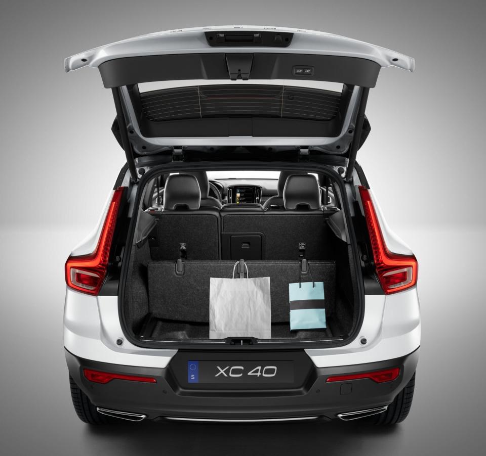 This undated photo provided by Volvo shows the 2020 Volvo XC40 and its folding rear cargo space. Subcompact crossovers aren’t known for being spacious. And, indeed, the Volvo XC40 is not among the leaders in its class when it comes to cargo room. But the XC40 makes the most of what it has, using a number of clever add-ons to maximize usable space. (Courtesy of Volvo Cars of North America via AP)