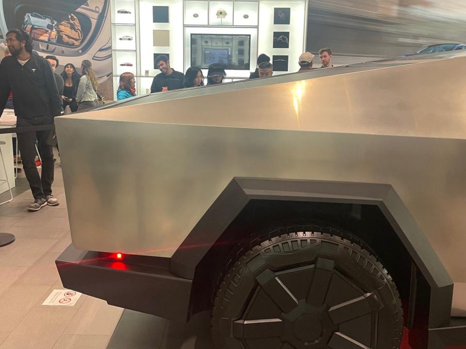 The rear of a Cybertruck at Tesla's Santana Row showroom in San Jose on December 9, 2023.