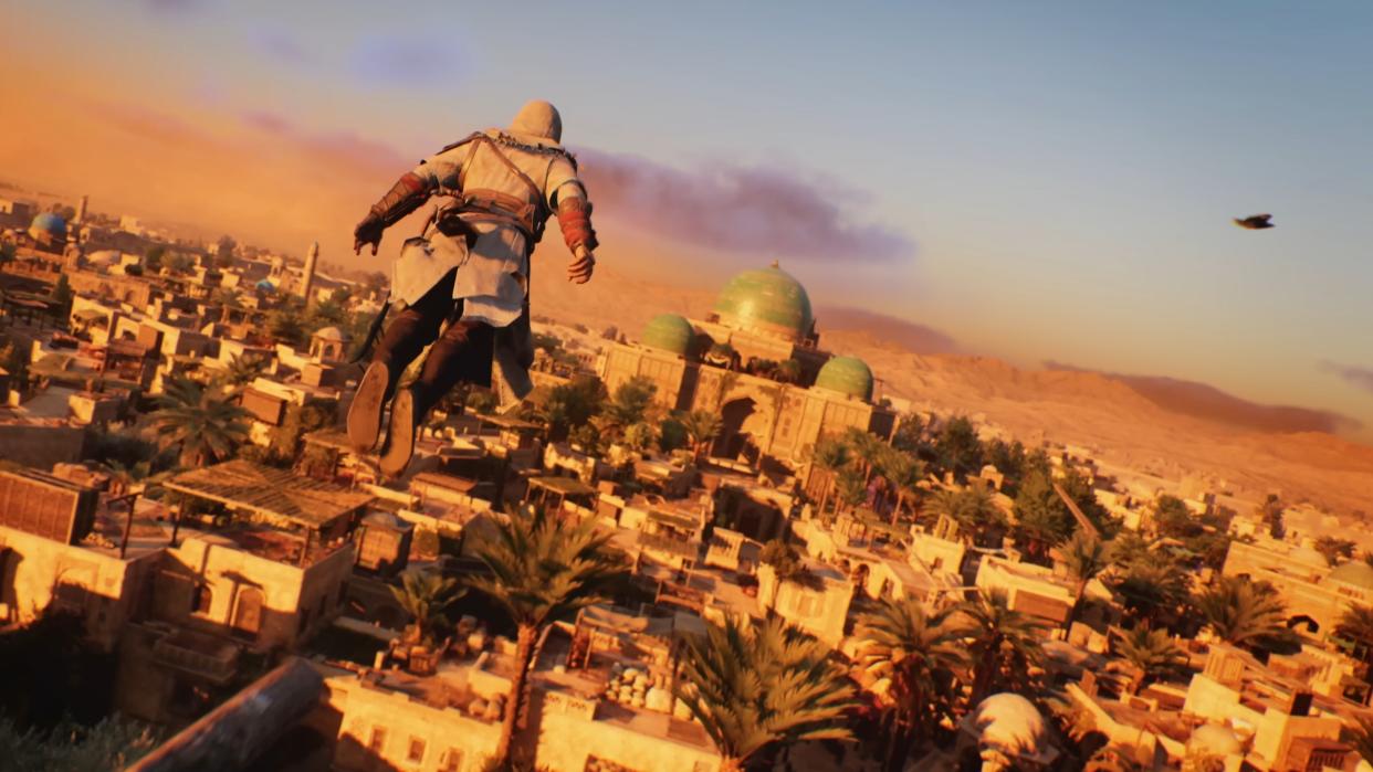  Screenshot of Assassin's Creed Mirage's city of Baghdad with Basim performing a leap of faith in the foreground 