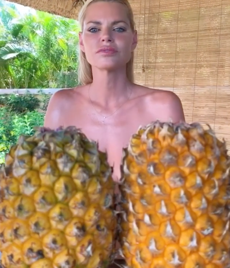 Sophie Monk nude with a pair of pineapples covering her chest.