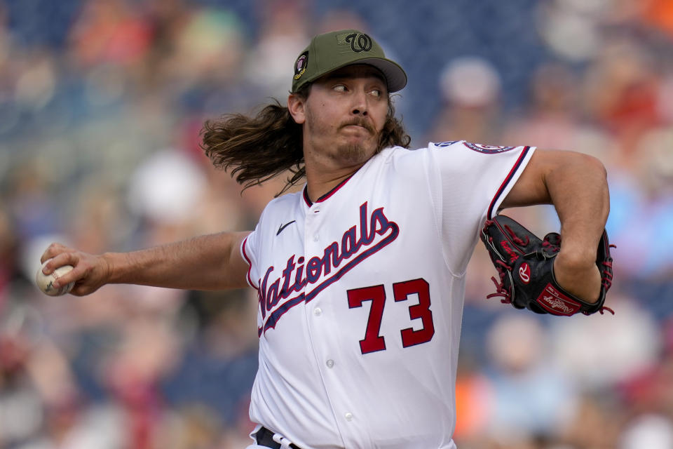 Washington Nationals relief pitcher Hunter Harvey throws during the eighth inning of a baseball game against the Detroit Tigers at Nationals Park, Saturday, May 20, 2023, in Washington. (AP Photo/Alex Brandon)