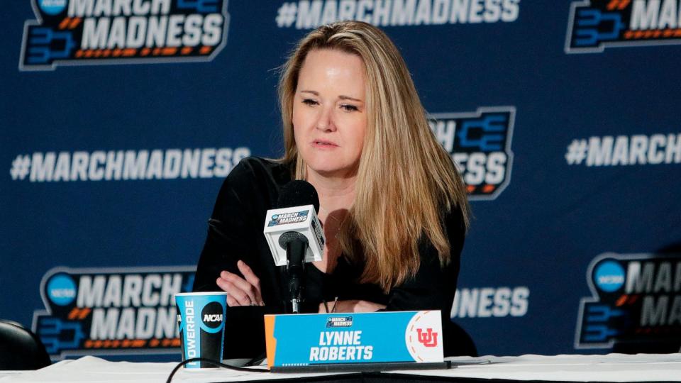 PHOTO: Utah head coach Lynne Roberts speaks during a press conference after a second-round college basketball game against Gonzaga in the NCAA Tournament in Spokane, Wash., March 25, 2024. (Young Kwak/AP)