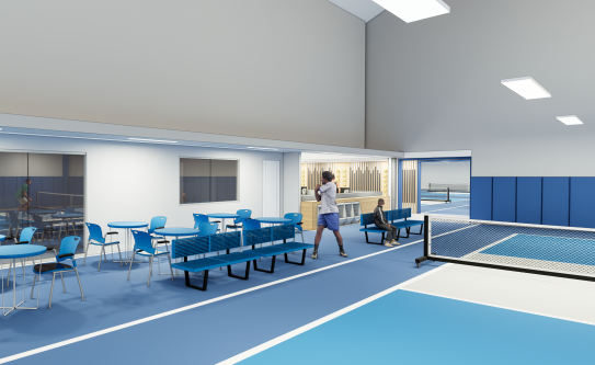 Rendering of interior of Sportime Clubs pickleball center at Willowbrook Plaza on Willowbrook Boulevard in Wayne.