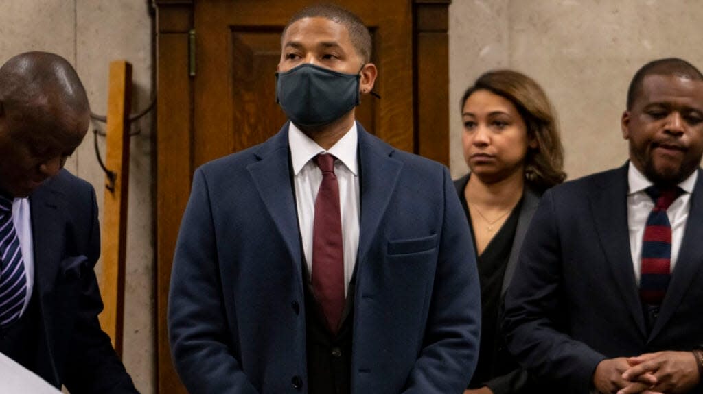 Actor Jussie Smollett appears with his attorneys at his sentencing hearing at the Leighton Criminal Court Building, Thursday, March 10, 2022, in Chicago. (Brian Cassella/Chicago Tribune via AP, Pool)