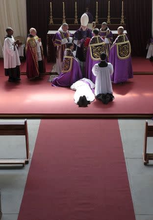 French Bishop Jean-Michel Faure (C) attends a mass in Nova Friburgo near Rio de Janeiro March 28, 2015. REUTERS/Stephen Eisenhammer