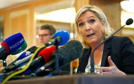 Leader of France's National Rally Party Marine Le Pen speaks during a news conference in Milan, Italy May 18, 2019. REUTERS/Alessandro Garofalo