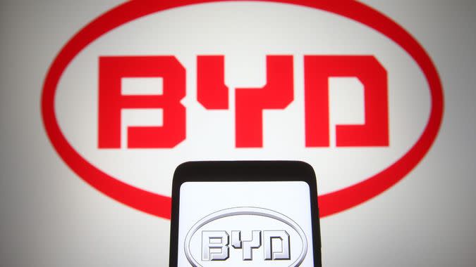 Mandatory Credit: Photo by Pavlo Gonchar/SOPA Images/Shutterstock (11790095n)In this photo illustration a BYD logo of an automotive Chinese multinational is seen on a smartphone and a pc screenIllustrative photo in Ukraine - 07 Mar 2021.