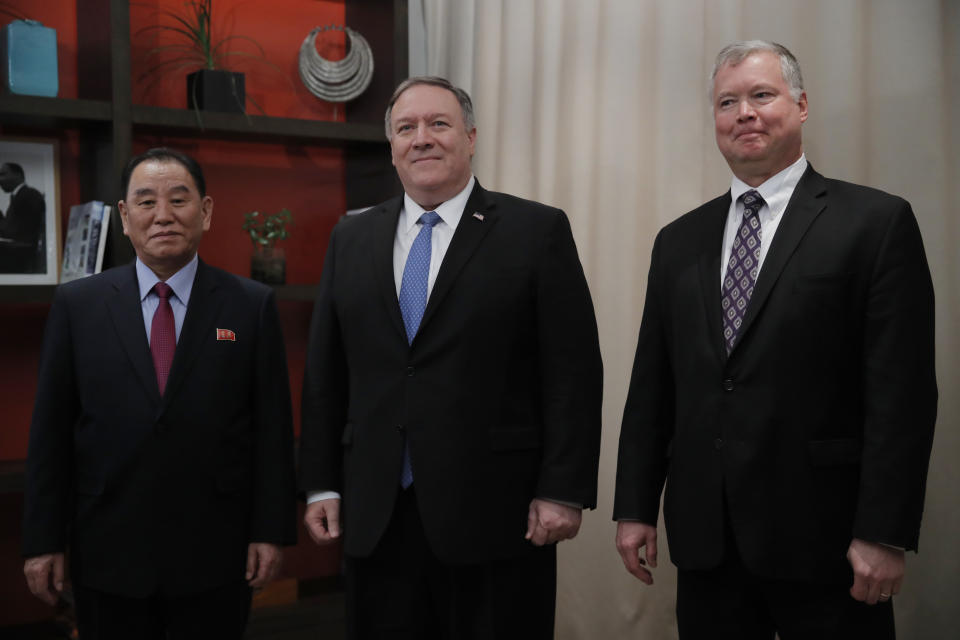 Secretary of State Mike Pompeo, center, Kim Yong Chol, a North Korean senior ruling party official and former intelligence chief, left, and U.S. Special Representative for North Korea, Stephen Biegun, right, meet in Washington, Friday, Jan. 18, 2019. (AP Photo/Carolyn Kaster)