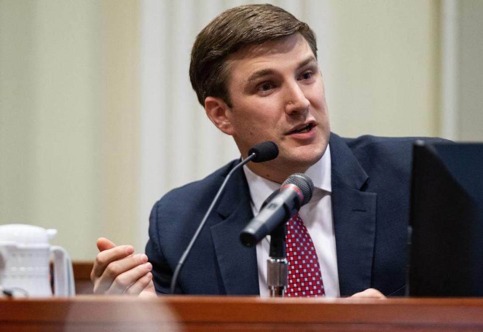 John Harris, the son of Mark Harris, testifies during the third day of a public evidentiary hearing on the 9th Congressional District voting irregularities investigation Wednesday, Feb. 20, 2019, at the North Carolina State Bar in Raleigh.