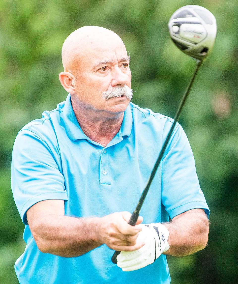 Robbie Vernon watches his tee shot during the first weekend of match play of the Bloomington City Golf Tournament Saturday, July 10, 2021 at Cascades Golf Course.