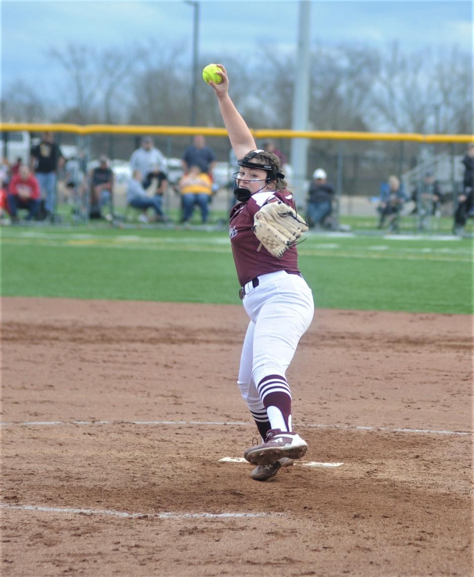 John Glenn's Sydney Marshall tossed a pitched, as she fanned eight in the Muskies' 8-2 win over Tri-Valley on Tuesday.