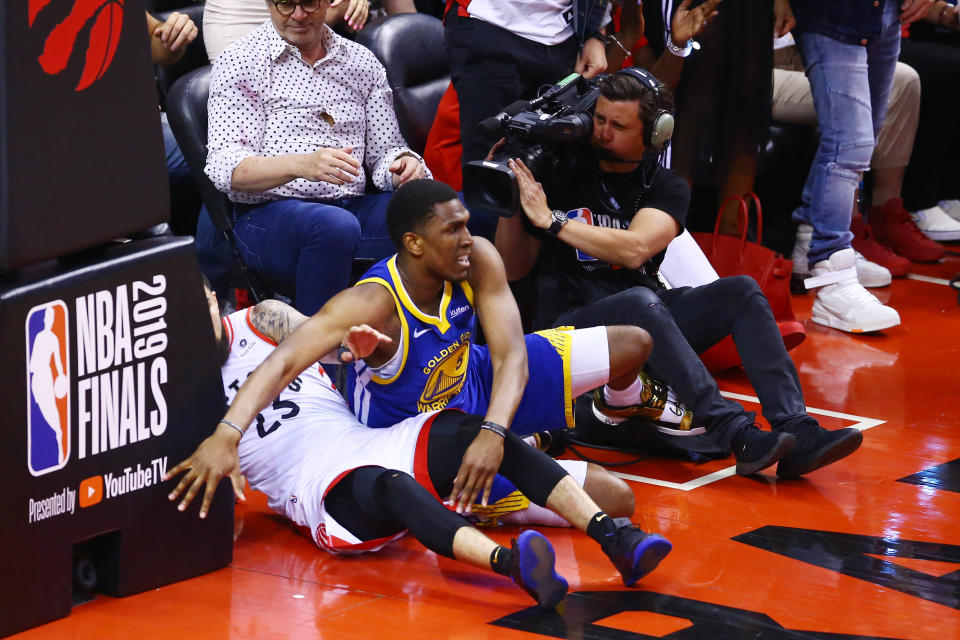 Kevon Looney suffered a collarbone fracture when he tumbled to the floor during Game 2. (Getty)