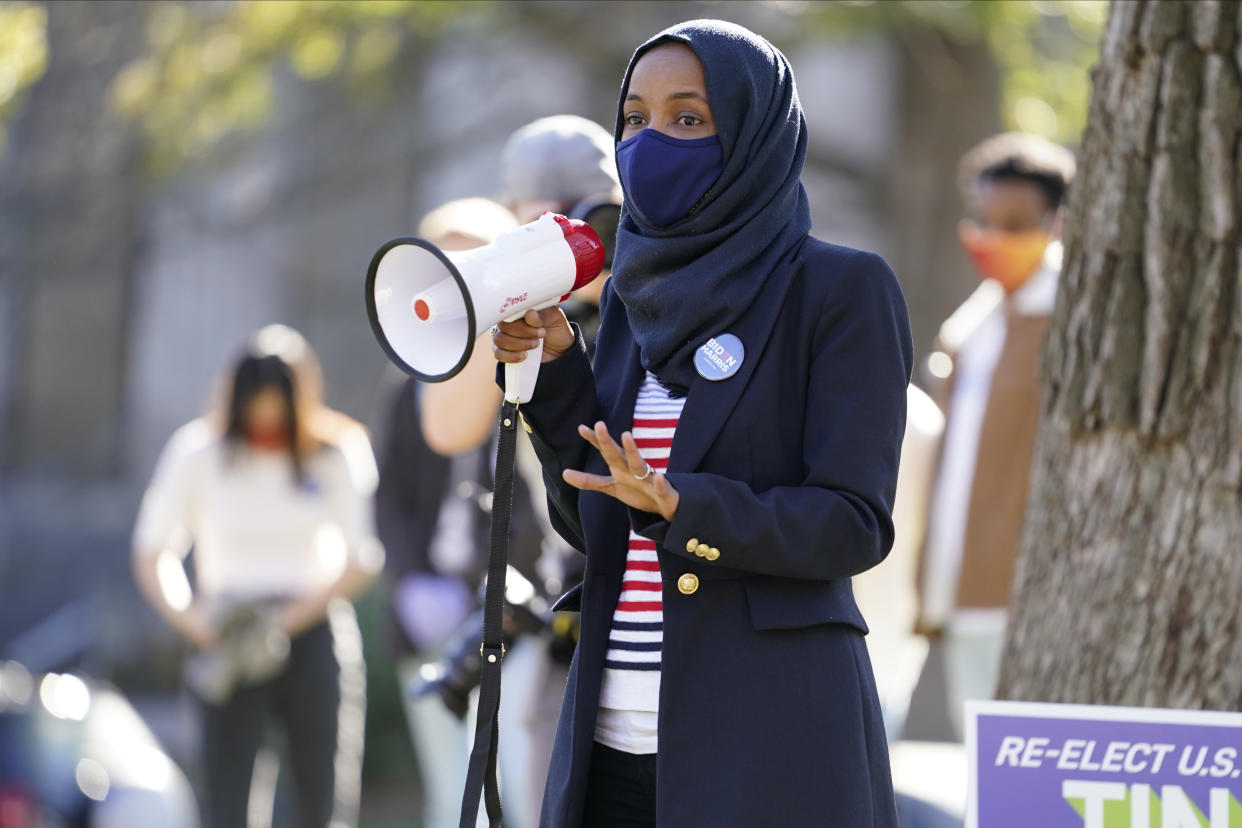U.S. Rep. Ilhan Omar, D-Minn., addresses students at the University of Minnesota on Election Day, Tuesday, Nov. 3, 2020, in Minneapolis. Omar faces Republican challenger Lacy Johnson in Minnesota's Fifth District congressional race. (AP Photo/Jim Mone)