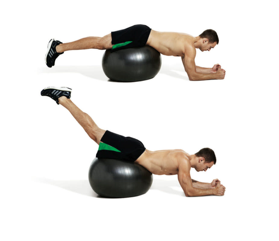 How to do it:<ol><li>Lie facedown on the ball and walk your body forward so it supports your hips only, hands on the floor. </li><li>Squeeze your glutes and raise your legs behind you until they’re level with your torso.</li></ol>Pro tip:<p>Keep your neck neutral.</p>Variation:<p>You can kick your legs behind you at the top of the extension for additional muscle engagement.</p>