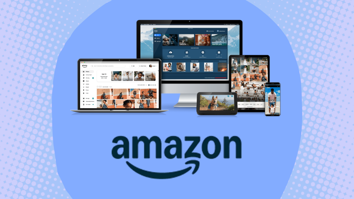 Assorted electronic devices using the Amazon Photos app, with the Amazon logo beneath