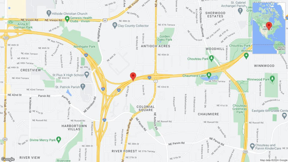 A detailed map that shows the affected road due to 'Traffic alert issued due to heavy rain conditions on northbound I-35 in Kansas City' on May 2nd at 4:32 p.m.