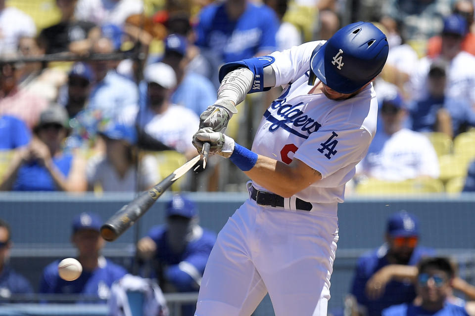 Los Angeles Dodgers' Gavin Lux breaks his bat as he grounds out during the second inning of a baseball game against the New York Mets Sunday, June 5, 2022, in Los Angeles. (AP Photo/Mark J. Terrill)