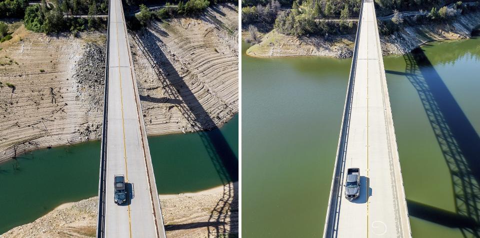 A car crosses Enterprise Bridge over Lake Oroville's dry banks on May 23, 2021, left, and the same location on March 26, 2023, in Butte County, Calif. (AP Photo/Noah Berger)