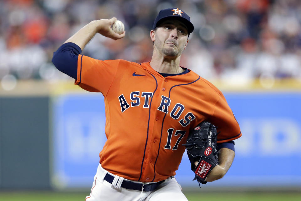 Houston Astros starting pitcher Jake Odorizzi throws to a New York Yankees batter during the first inning of a baseball game Friday, July 9, 2021, in Houston. (AP Photo/Michael Wyke)