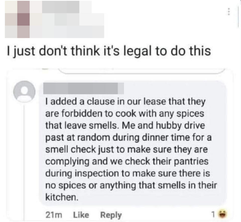 someone posting about the landlord's rule saying they don't think it's legal