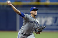 Toronto Blue Jays starting pitcher Jose Berrios delivers to the Tampa Bay Rays during the first inning of a baseball game Thursday, Sept. 22, 2022, in St. Petersburg, Fla. (AP Photo/Chris O'Meara)