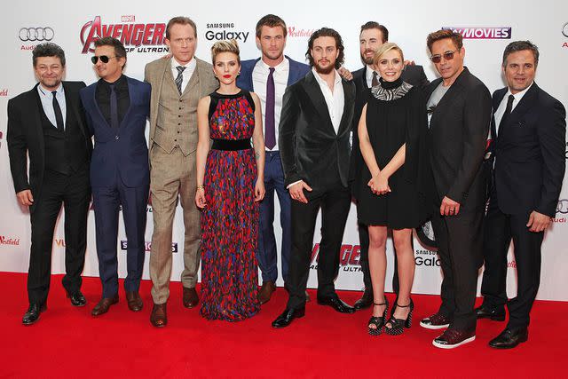 <p>David M. Benett/WireImage</p> Andy Serkis (left), Jeremy Renner, Paul Bettany, Scarlett Johansson, Chris Hemsworth, Aaron Taylor-Johnson, Chris Evans, Elizabeth Olsen, Robert Downey Jr and Mark Ruffalo on April 21, 2015