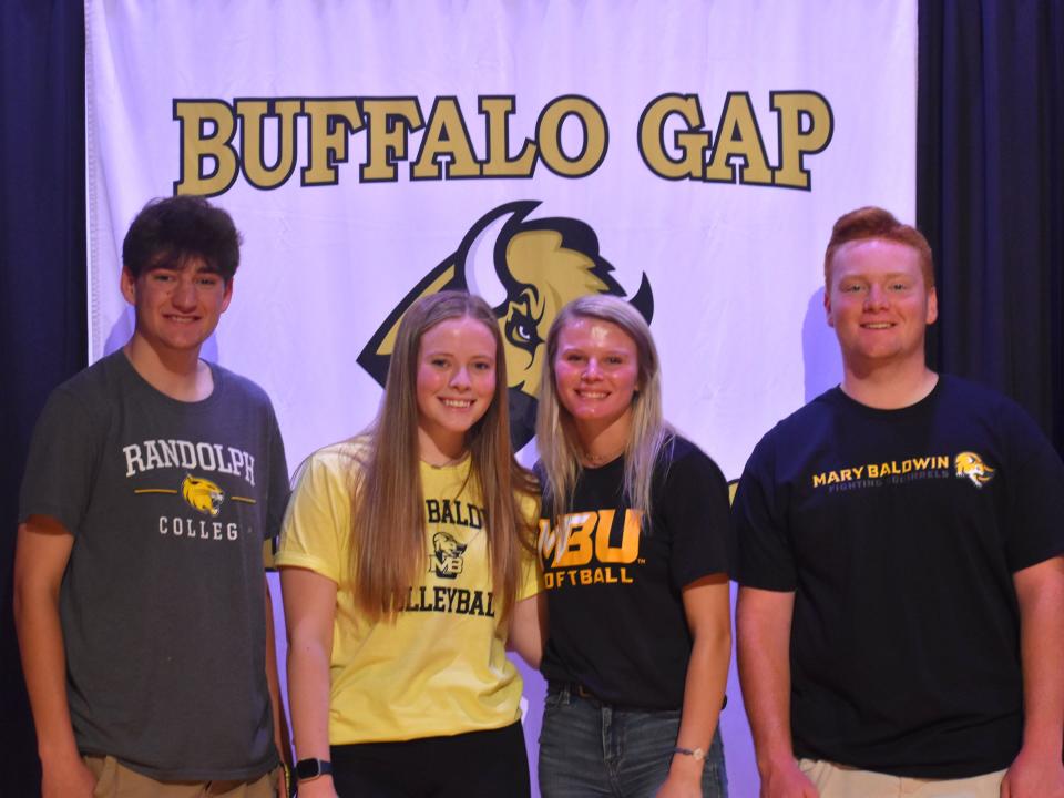 Buffalo Gap honored four senior athletes who celebrated  their college commitments recently. From left, Britton Malcolm (Randolph - lacrosse), Leah Sherrill (Mary Baldwin - volleyball),  Paige Fix (Mary Baldwin - softball) and Blake Argenbright (Mary Baldwin - baseball).