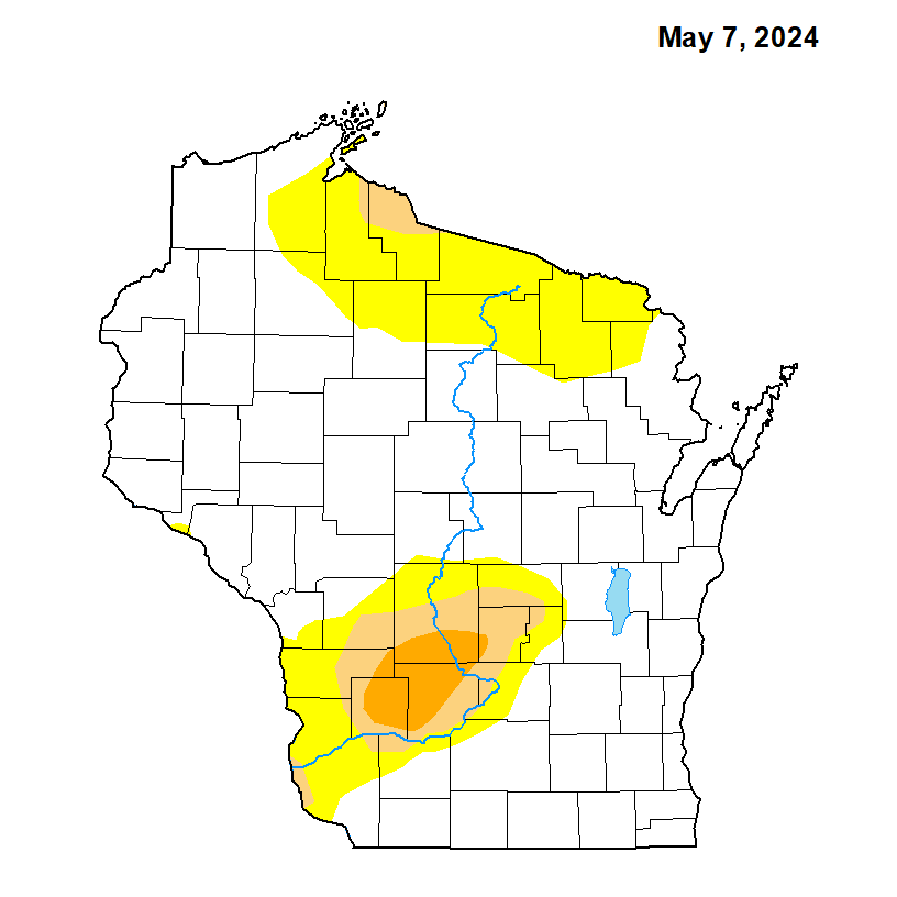 The latest drought map from the U.S. Drought Monitor. Conditions in Wisconsin have steadily improved since last fall.