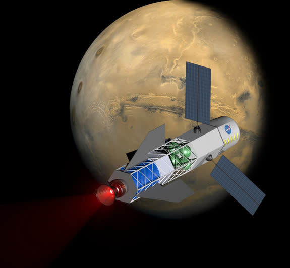 A concept image of a spacecraft powered by a fusion-driven rocket. In this image, the crew would be in the forward-most chamber. Solar panels on the sides would collect energy to initiate the process that creates fusion.