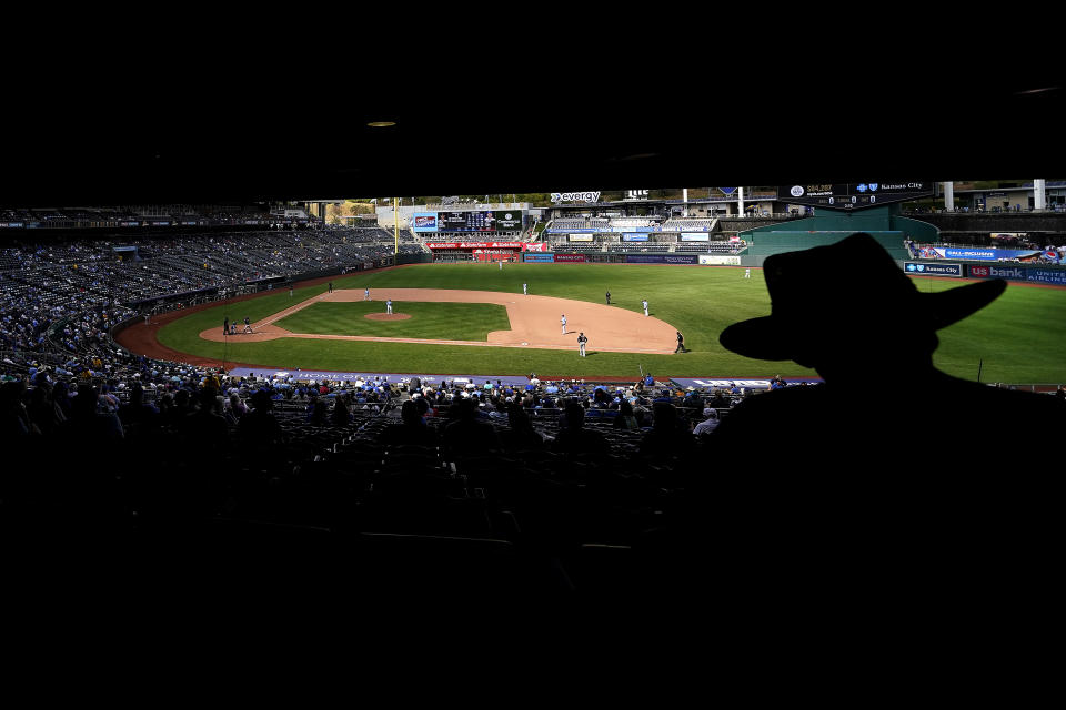 A fan watches during the seventh inning of a baseball game between the Kansas City Royals and the Cleveland Guardians Wednesday, Sept. 20, 2023, in Kansas City, Mo. (AP Photo/Charlie Riedel)
