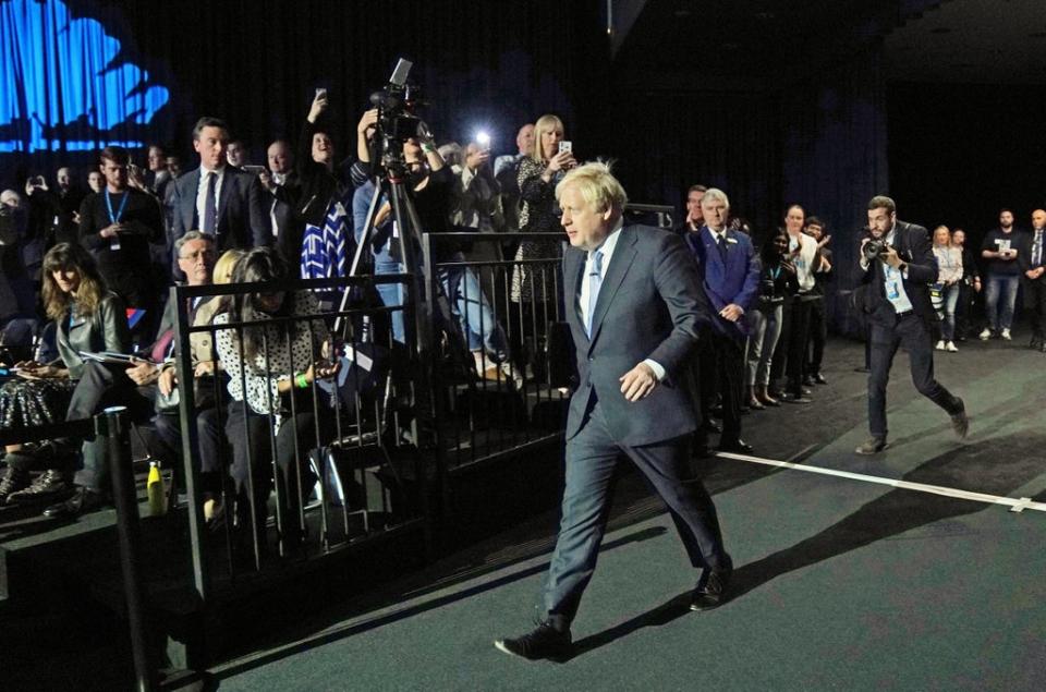 Prime Minister Boris Johnson arrives to deliver his keynote speech at the Conservative Party conference in Manchester (Jacob King/PA) (PA Wire)