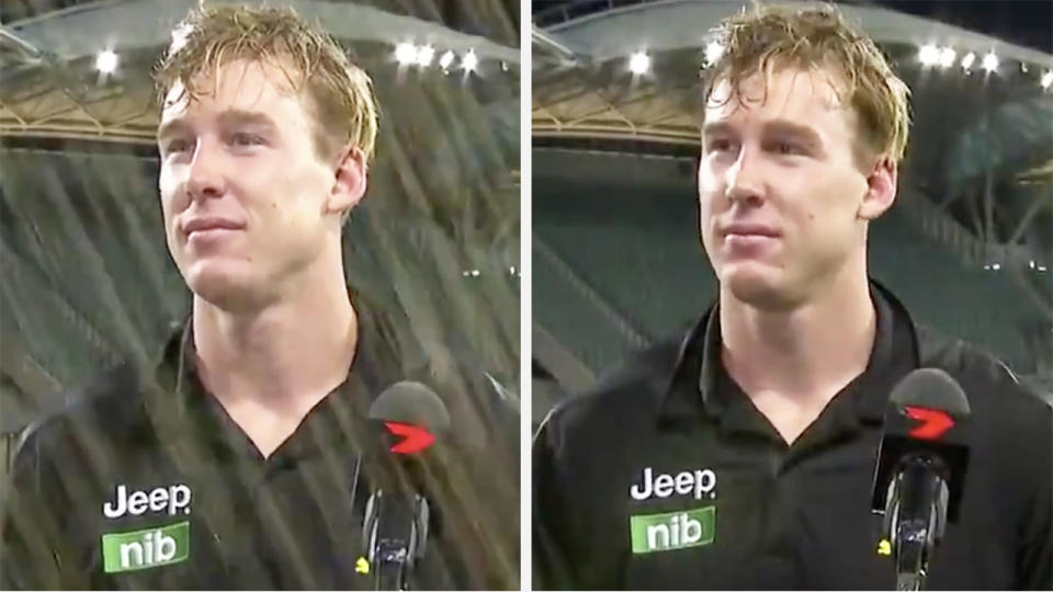 Richmond's Tom Lynch reacts after a rival fan threw a drink on him as he prepared to do a post-game interview on Friday night, following Richmond's win over Port Adelaide. Picture: Channel 7/Twitter