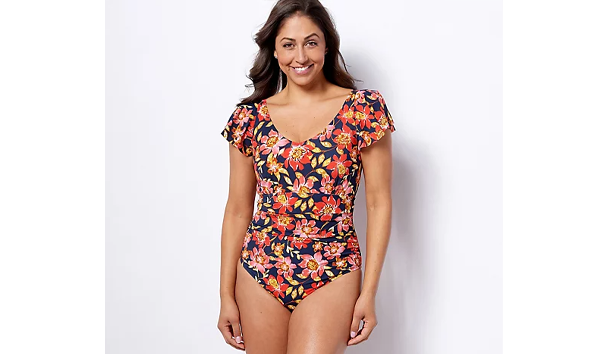Denim & Co. Beach V-Neck Ruffle Sleeve One-Piece Swimsuit