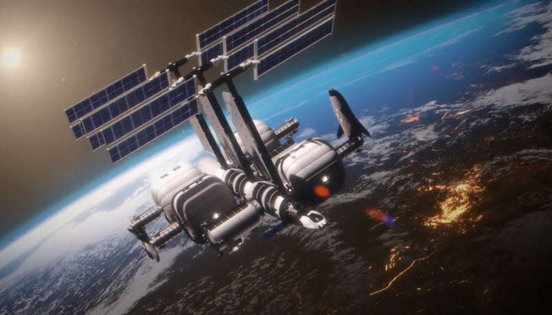 Artistic conception of the commercial Orbital Reef space station, a collaboration between Sierra Space and Blue Origin.