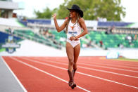 <p>Tara Davis of the Texas Longhorns celebrates after winning the long jump during the 2021 Division I Men's and Women's Outdoor Track & Field Championships held at Hayward Field on June 10, 2021 in Eugene, Oregon. (Photo by Jamie Schwaberow/NCAA Photos via Getty Images)</p> 